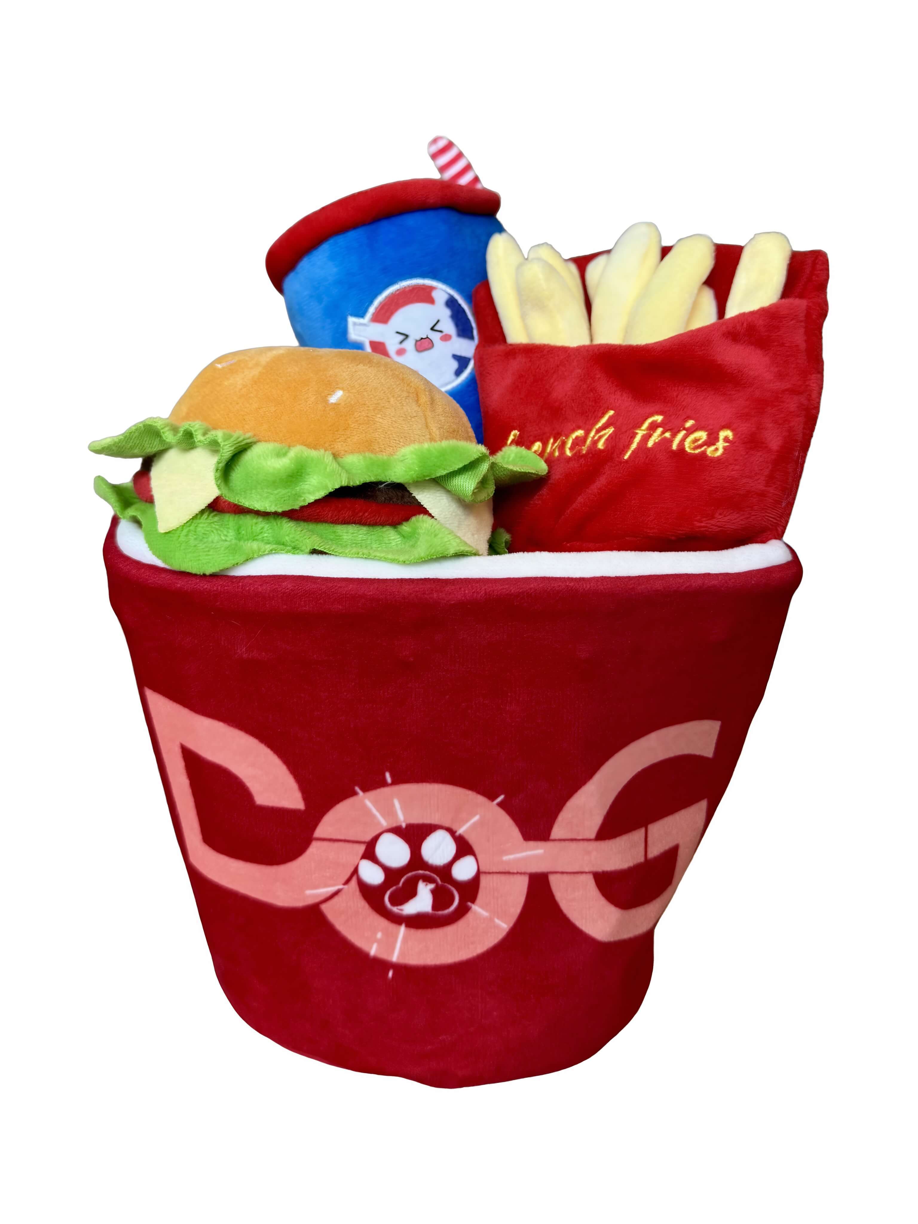 Fast Food Dog Toy Set - 4 Piece Squeaky Plush Toys with Bucket, Fries, Burger & Soda