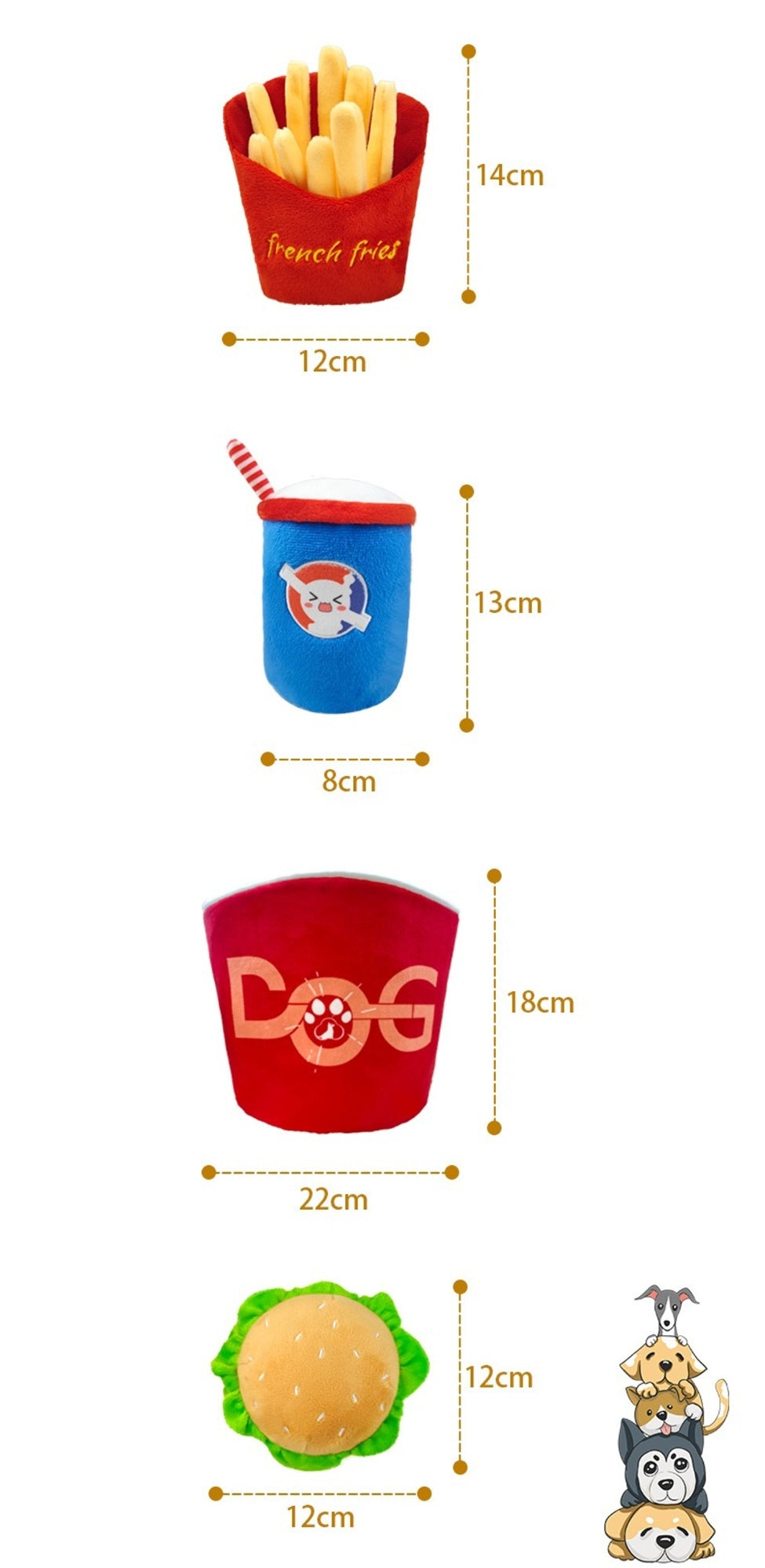 Fast Food Dog Toy Set - 4 Piece Squeaky Plush Toys with Bucket, Fries, Burger & Soda
